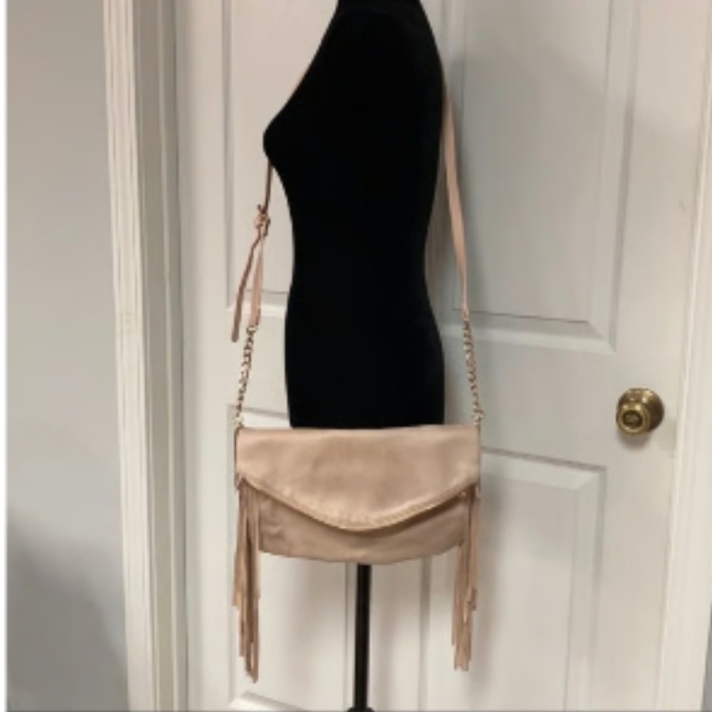 Cato pink faux suede crossbody/clutch with fringe